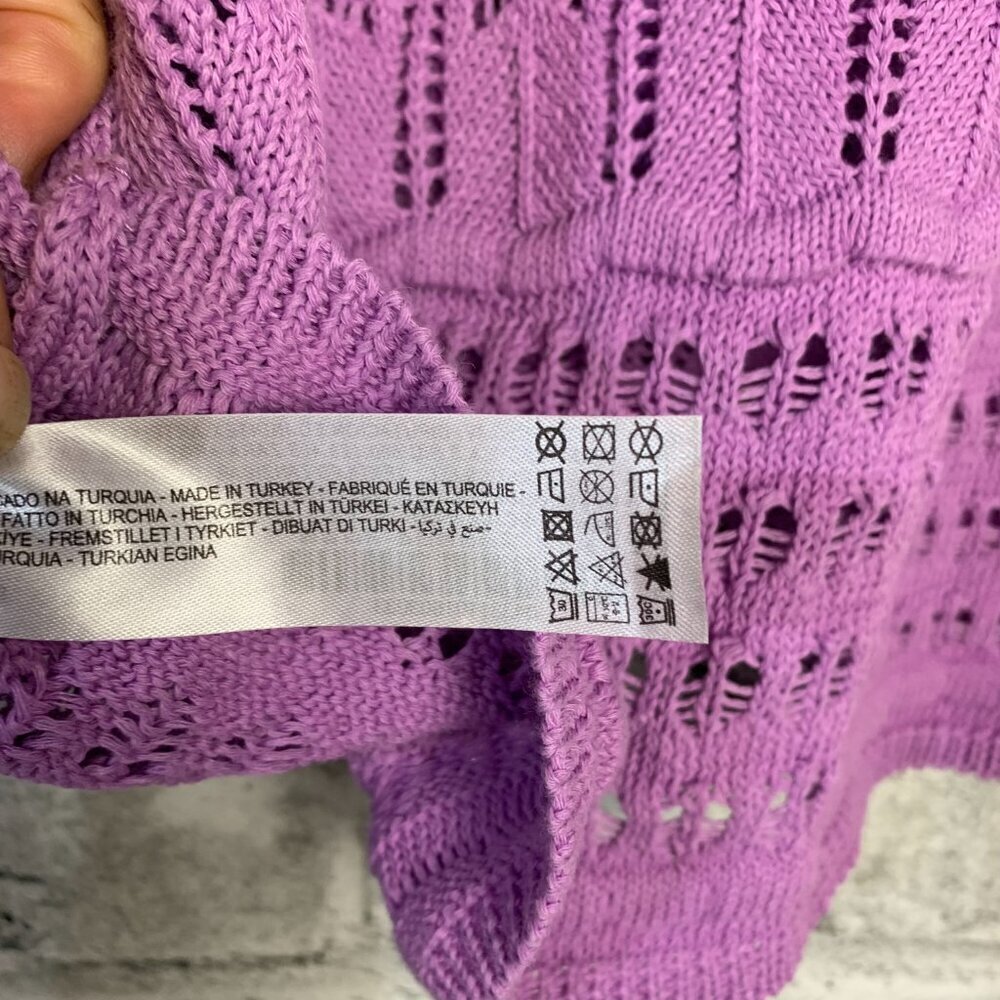 Zara Pointelle Knit Crochet Puff Sleeve Scoop Neck Lavender Cropped Sweater - Picture 9 of 13